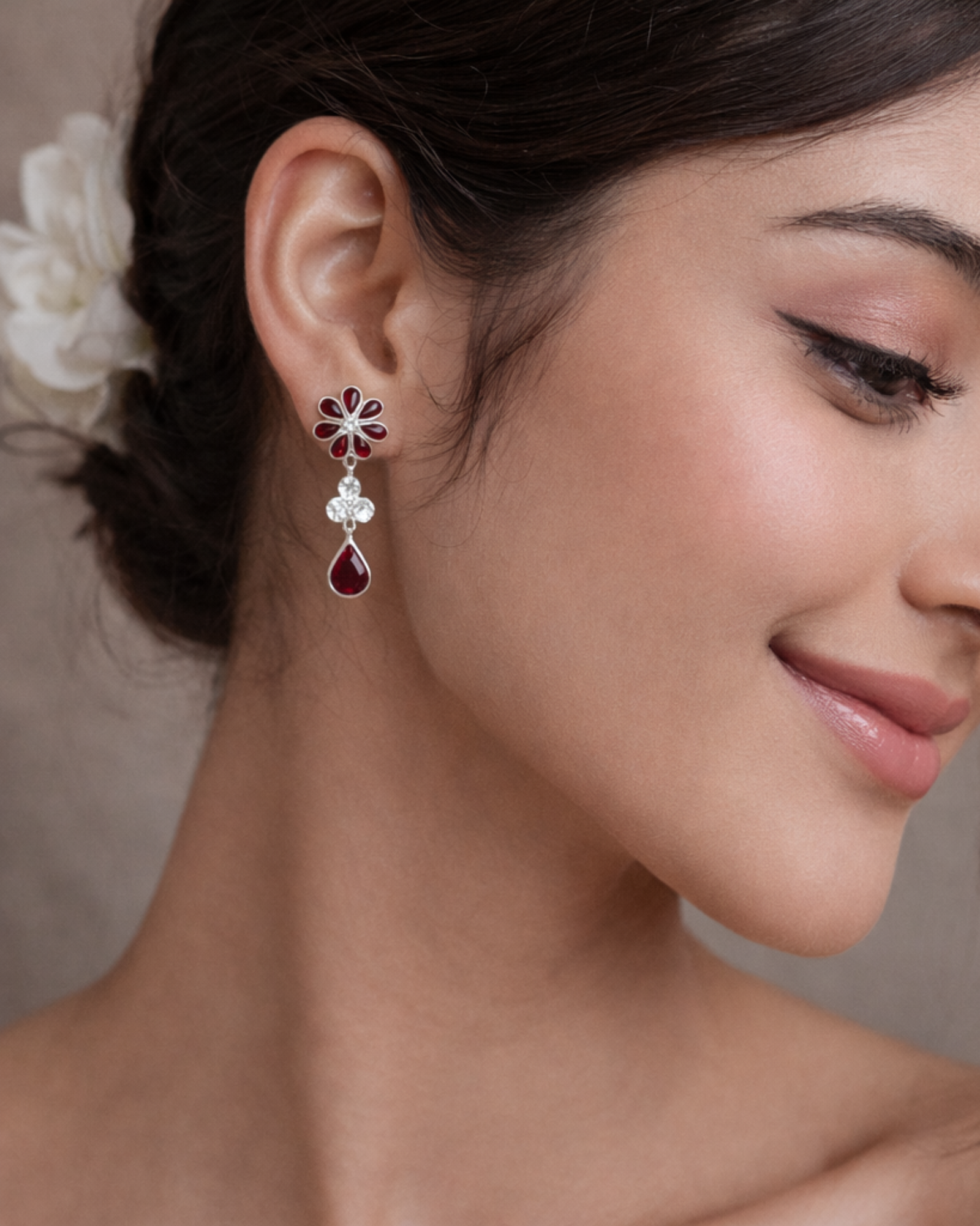 Floral Ruby & Crystal Women's Drop Earrings