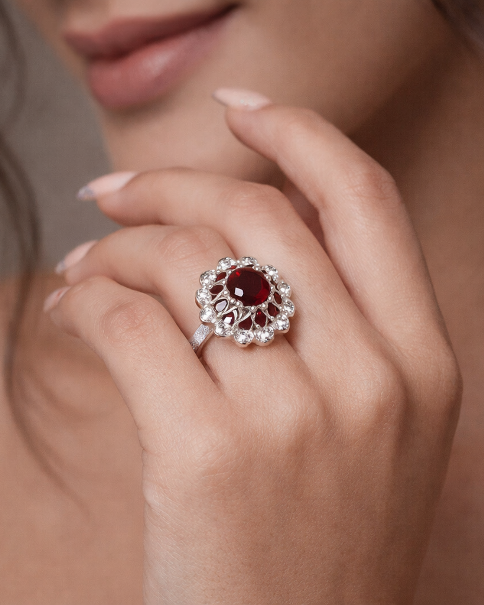 Floral Ruby & Crystal Statement Women's Ring