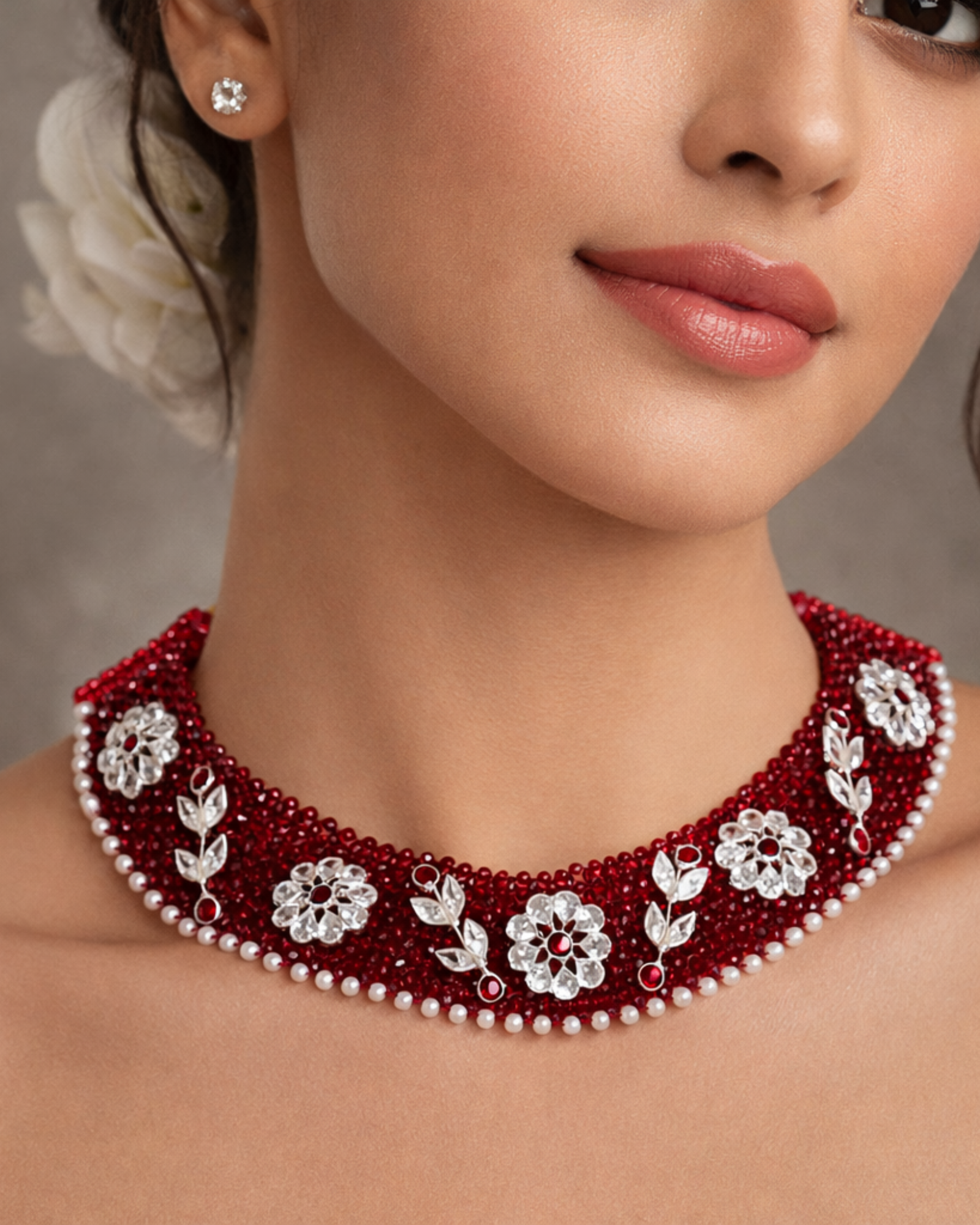 Ruby Crystal & Pearl Floral Heritage Choker Women's Necklace