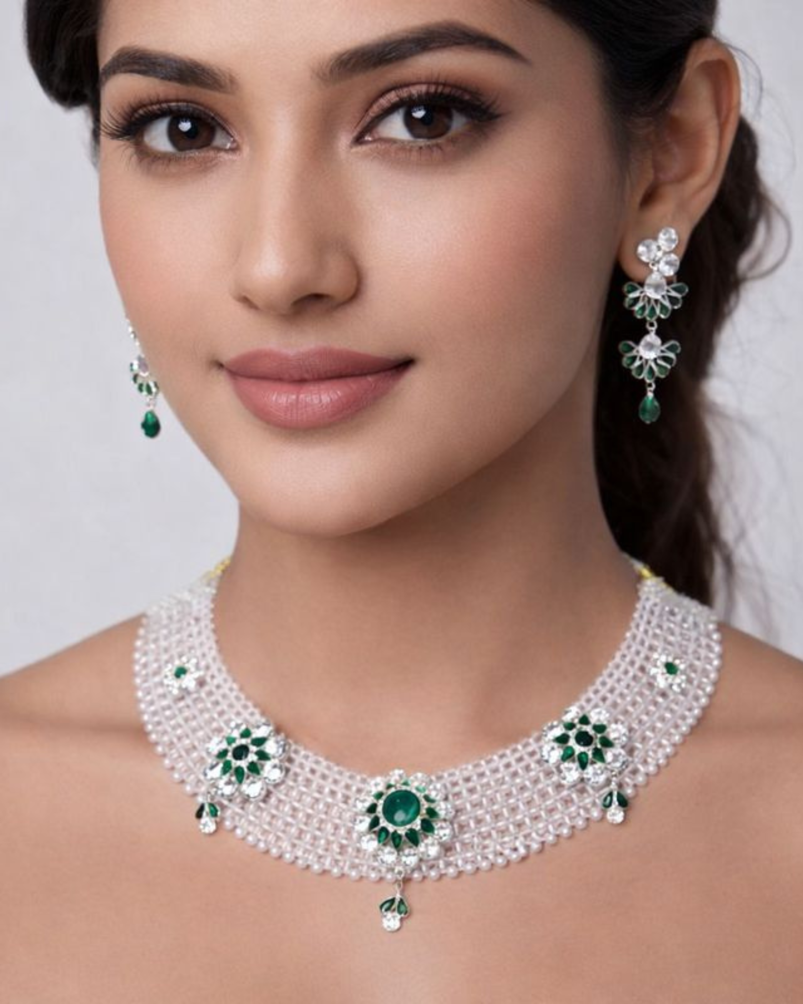 Floral Emerald & Crystal Pearl Women's Choker Necklace