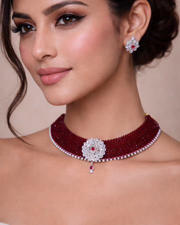 Ruby Red Crystal & Pearl Floral Women's Choker Necklace