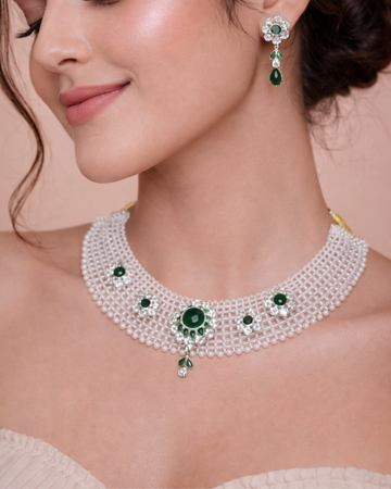 Pearl Lattice Emerald & Crystal Floral Women's Choker Necklace