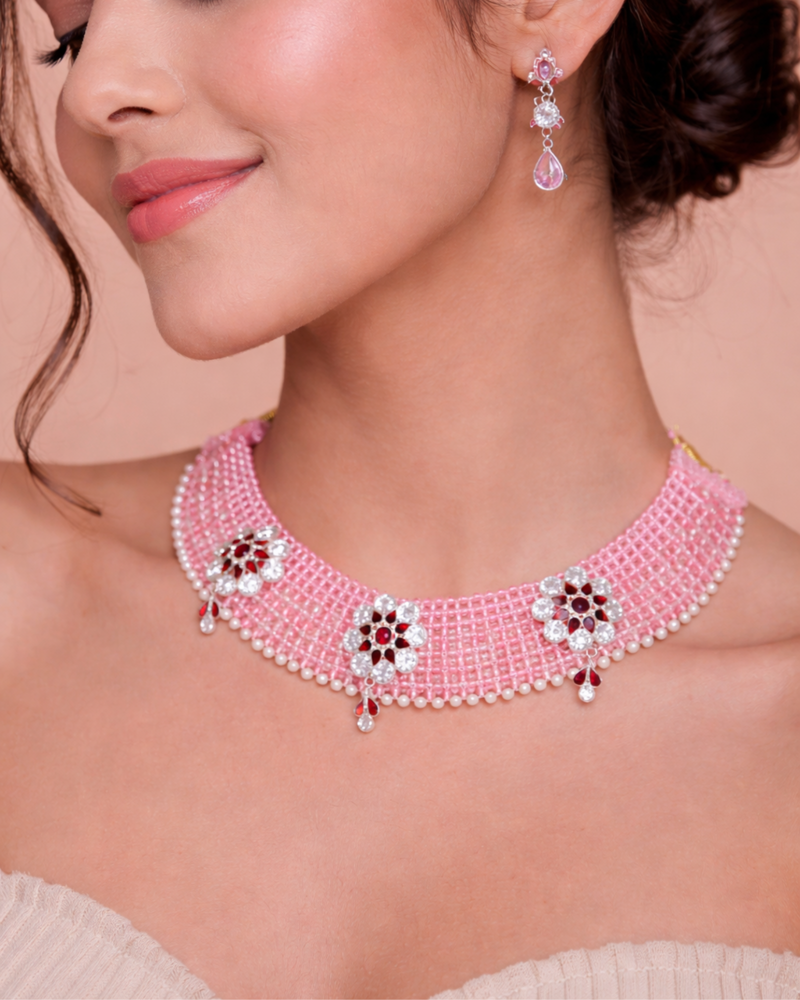 Blush Pink Crystal & Pearl Floral Women's Choker Necklace