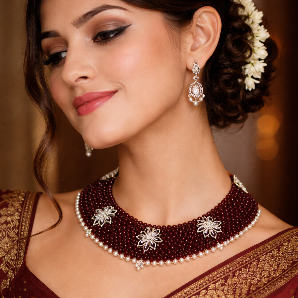 Maroon Multi-Motif Chatai Necklace Set with Pearl Border