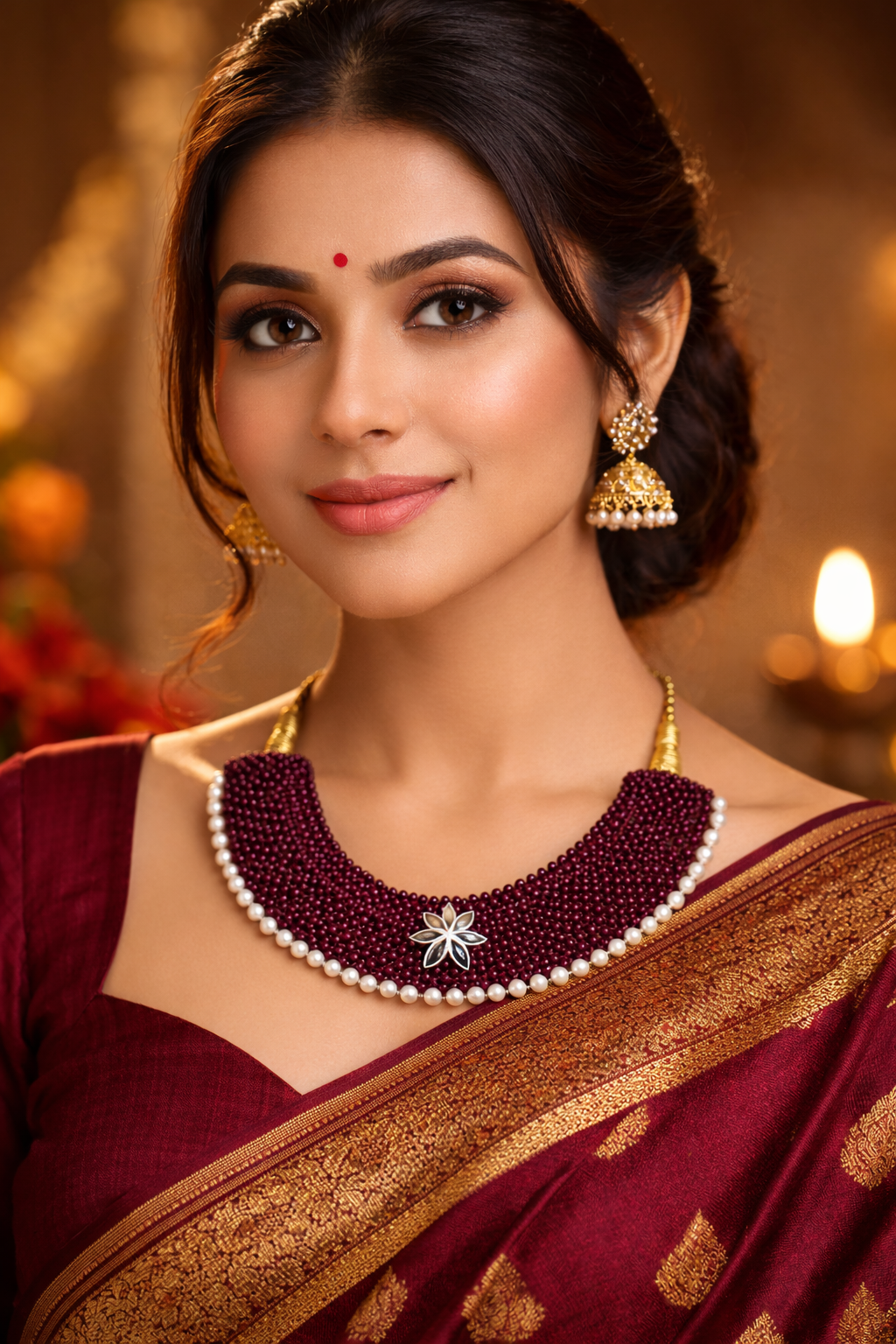 Maroon Chatai Necklace Set with Pearl Border & Floral CZ Motif