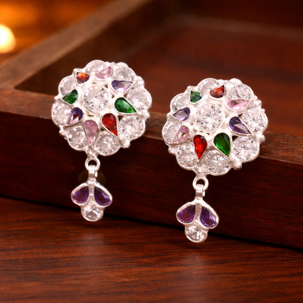 Multicolour Floral CZ Drop Earrings in Silver Finish