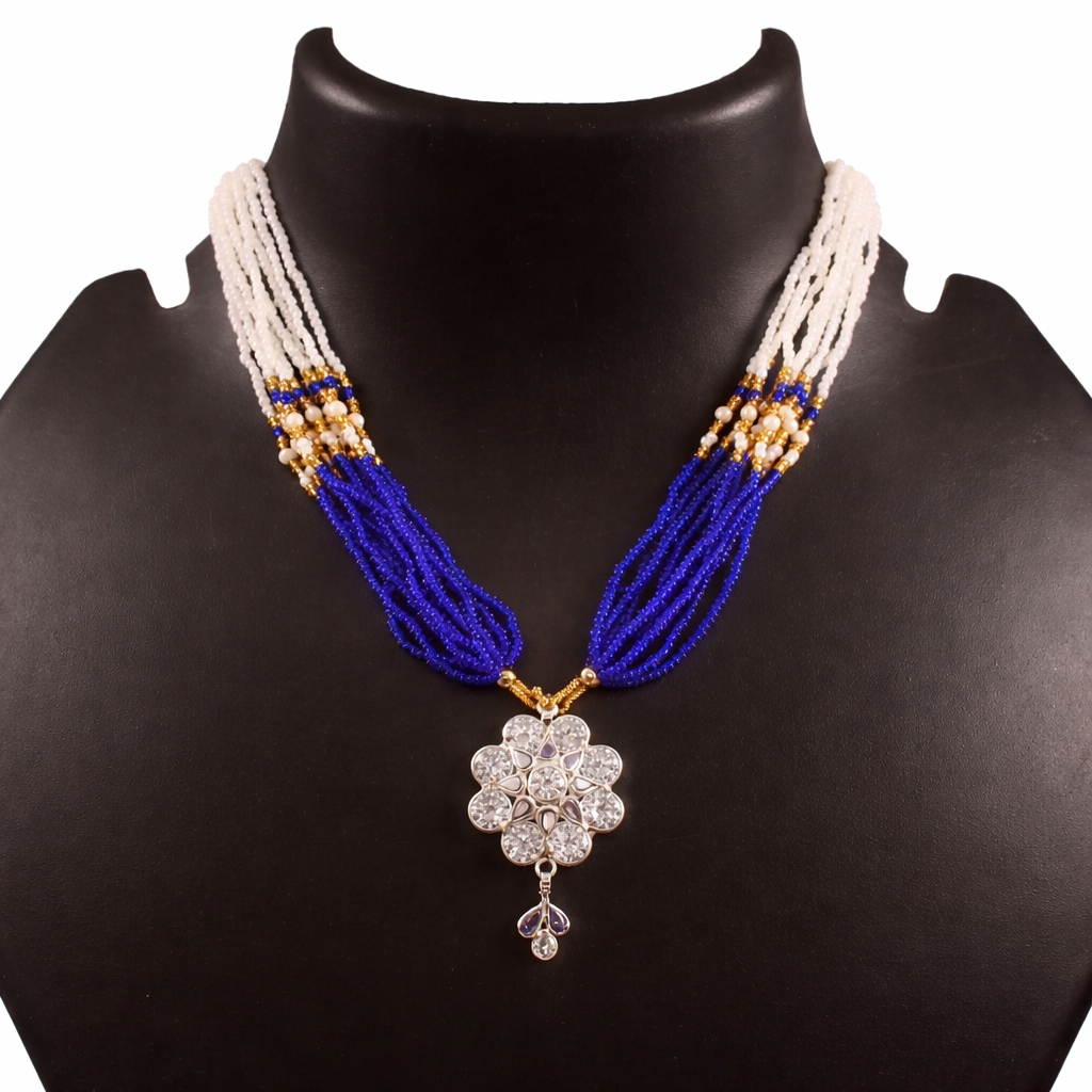 Royal Blue & White Multi-Strand Beaded Necklace with Floral CZ Pendant