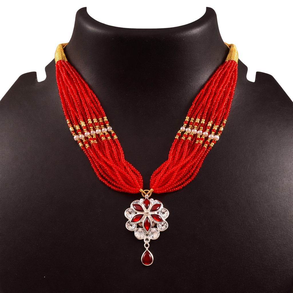Ruby Red Multi-Strand Beaded Necklace with Floral CZ Drop Pendant