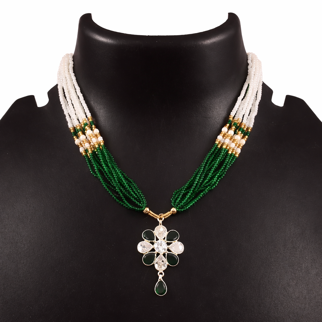 White & Emerald Green Multi-Strand Beaded Necklace with Floral CZ Pendant