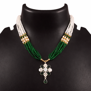 White & Emerald Green Multi-Strand Beaded Necklace with Floral CZ Pendant