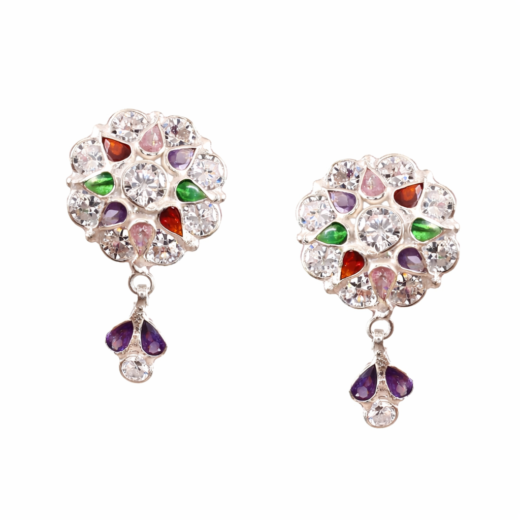 Multicolour Floral CZ Drop Earrings in Silver Finish