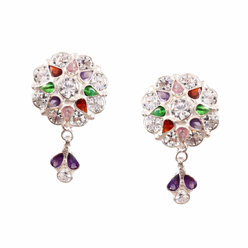 Multicolour Floral CZ Drop Earrings in Silver Finish